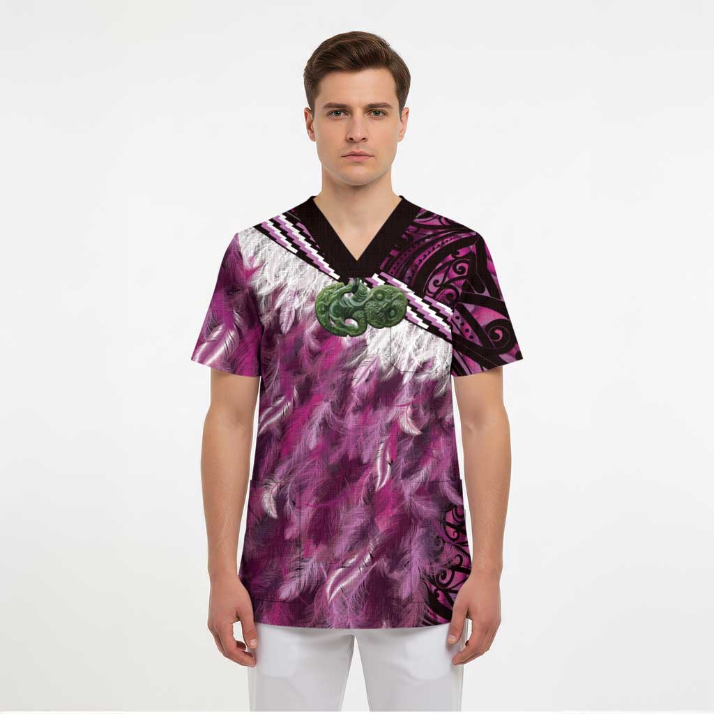 Pink Traditional Cloak Aotearoa Scrub Top Maori Paua Shell Korowai Pattern - Aussie Hoodie