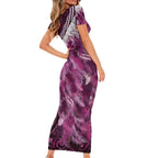 Pink Traditional Cloak Aotearoa Short Sleeve Bodycon Dress Maori Paua Shell Korowai Pattern