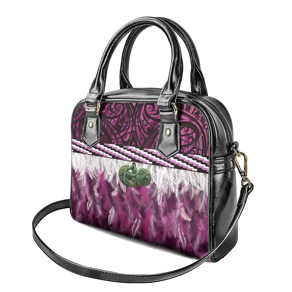Pink Traditional Cloak Aotearoa Shoulder Handbag Maori Paua Shell Korowai Pattern