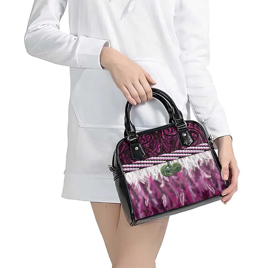 Pink Traditional Cloak Aotearoa Shoulder Handbag Maori Paua Shell Korowai Pattern