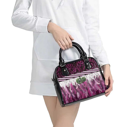 Pink Traditional Cloak Aotearoa Shoulder Handbag Maori Paua Shell Korowai Pattern
