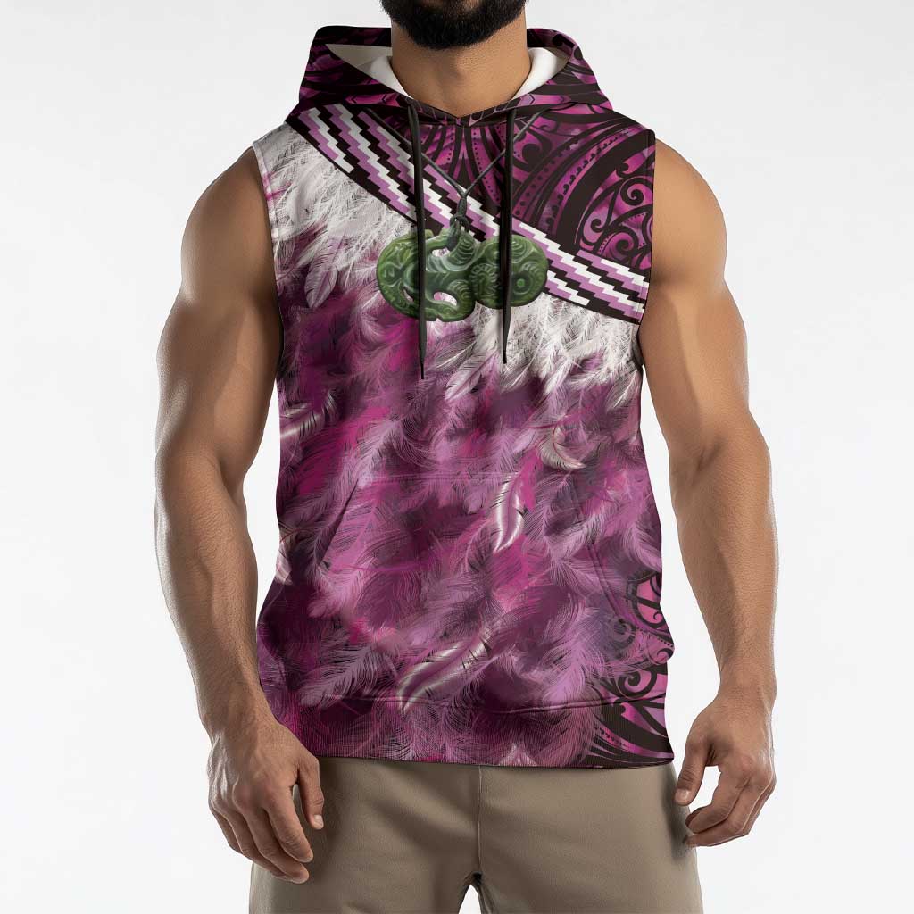 Pink Traditional Cloak Aotearoa Sleeveless Hoodie Maori Paua Shell Korowai Pattern - Aussie Hoodie