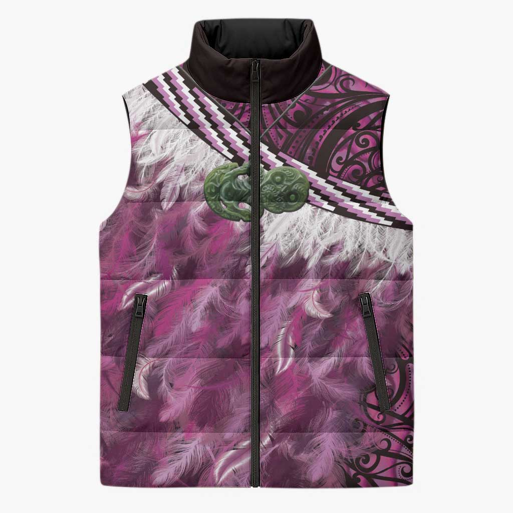 Pink Traditional Cloak Aotearoa Sleeveless Puffer Jacket Maori Paua Shell Korowai Pattern - Aussie Hoodie