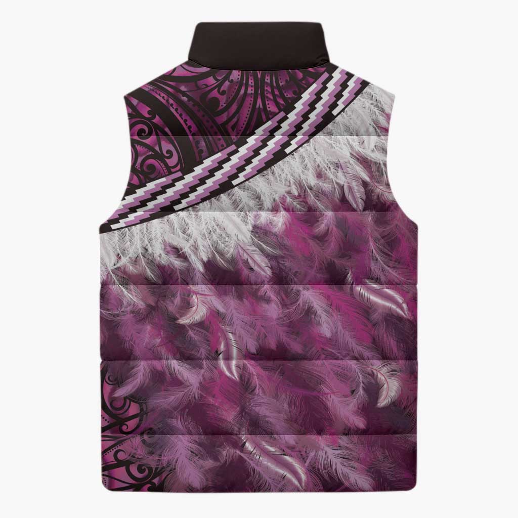 Pink Traditional Cloak Aotearoa Sleeveless Puffer Jacket Maori Paua Shell Korowai Pattern - Aussie Hoodie