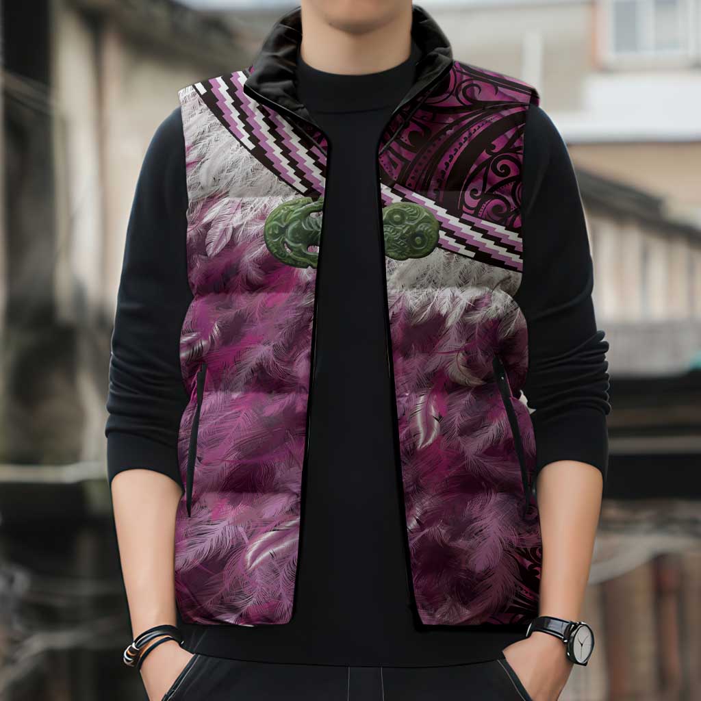 Pink Traditional Cloak Aotearoa Sleeveless Puffer Jacket Maori Paua Shell Korowai Pattern - Aussie Hoodie