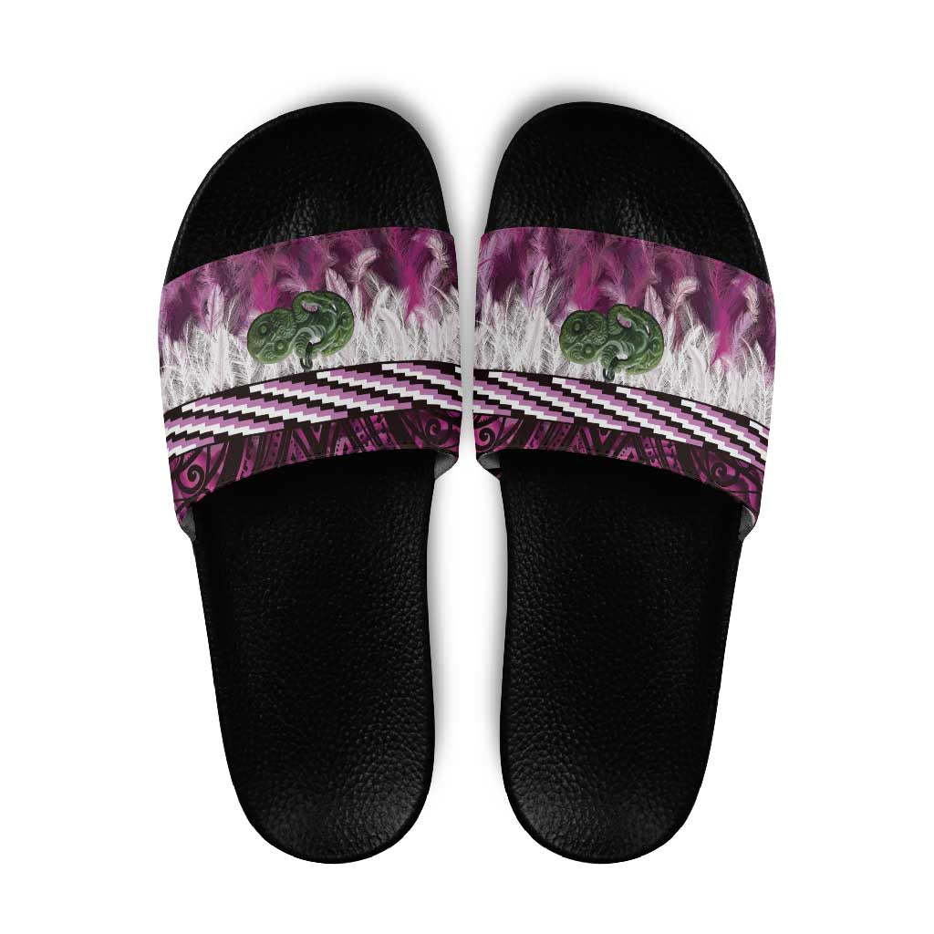 Pink Traditional Cloak Aotearoa Slide Sandals Maori Paua Shell Korowai Pattern - Aussie Hoodie