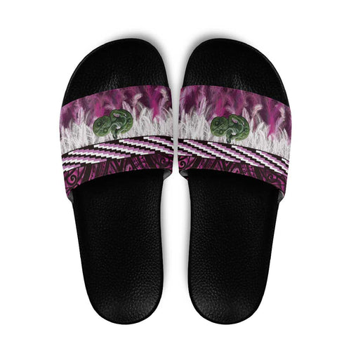 Pink Traditional Cloak Aotearoa Slide Sandals Maori Paua Shell Korowai Pattern - Aussie Hoodie