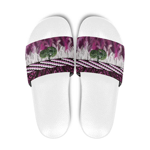 Pink Traditional Cloak Aotearoa Slide Sandals Maori Paua Shell Korowai Pattern - Aussie Hoodie