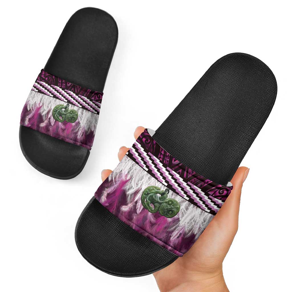 Pink Traditional Cloak Aotearoa Slide Sandals Maori Paua Shell Korowai Pattern - Aussie Hoodie