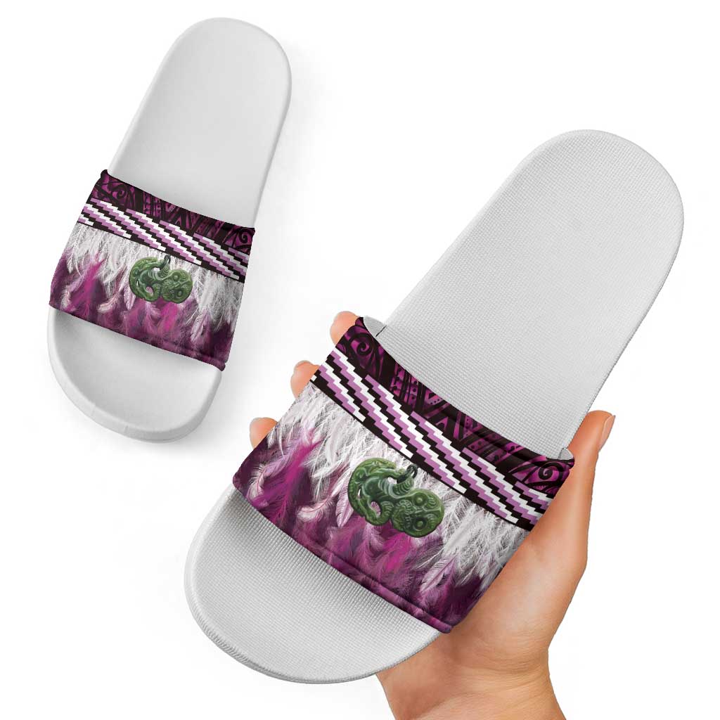 Pink Traditional Cloak Aotearoa Slide Sandals Maori Paua Shell Korowai Pattern - Aussie Hoodie