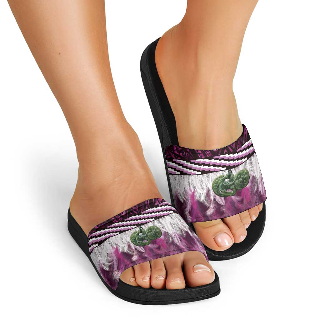 Pink Traditional Cloak Aotearoa Slide Sandals Maori Paua Shell Korowai Pattern - Aussie Hoodie