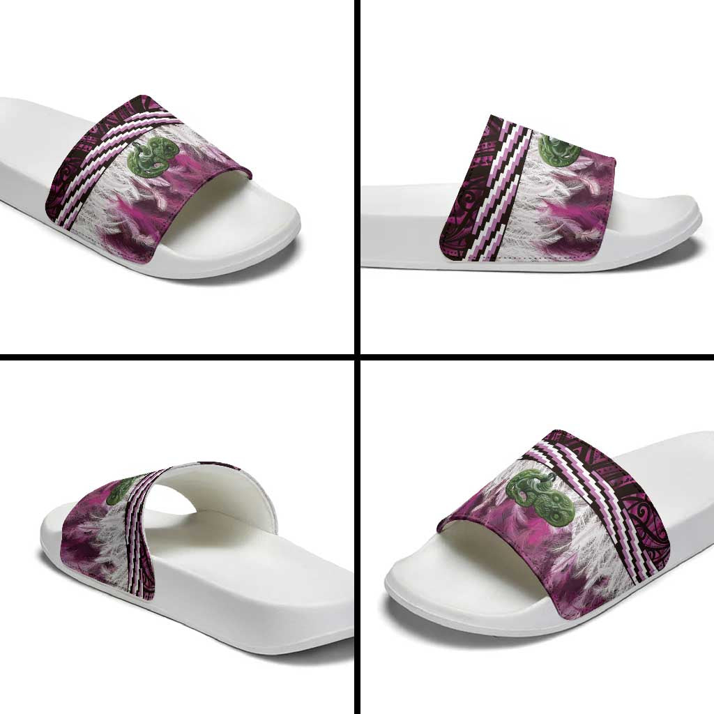 Pink Traditional Cloak Aotearoa Slide Sandals Maori Paua Shell Korowai Pattern - Aussie Hoodie