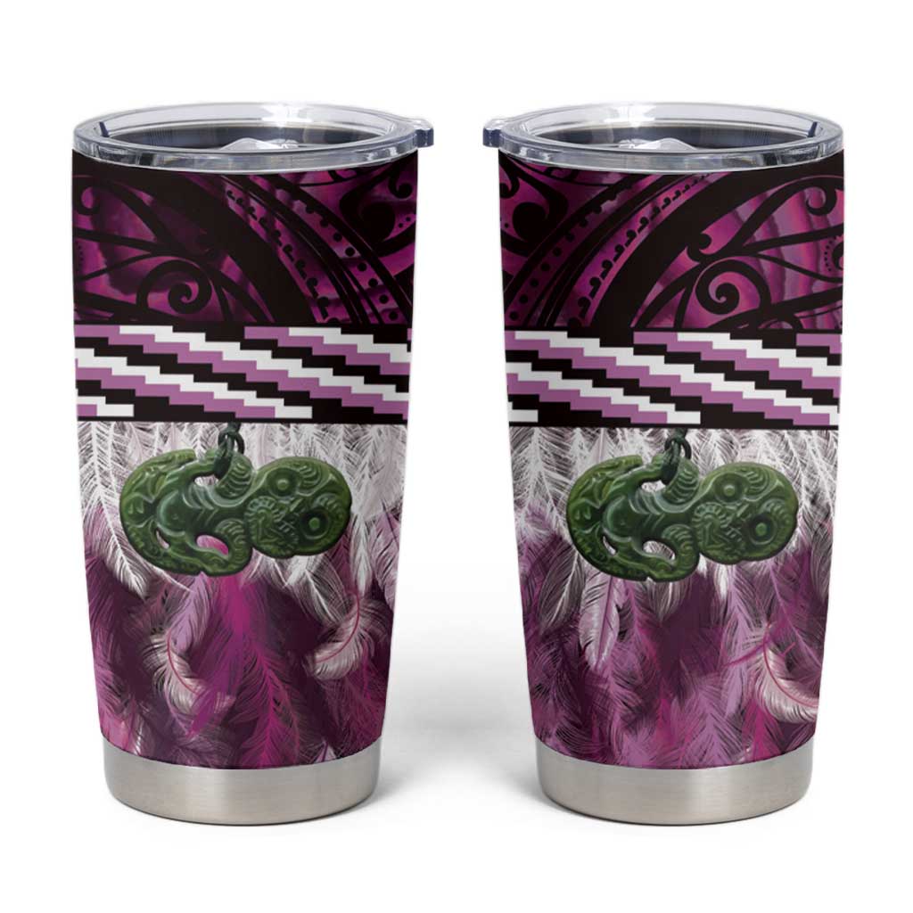 Pink Traditional Cloak Aotearoa Tumbler Cup Maori Paua Shell Korowai Pattern
