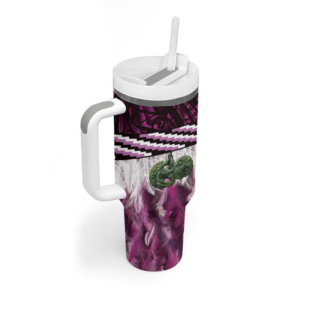 Pink Traditional Cloak Aotearoa Tumbler With Handle Maori Paua Shell Korowai Pattern