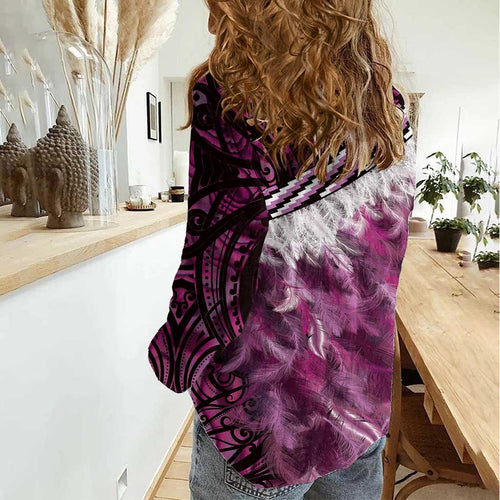 Pink Traditional Cloak Aotearoa Women Casual Shirt Maori Paua Shell Korowai Pattern