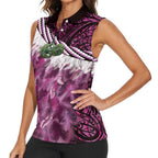 Pink Traditional Cloak Aotearoa Women Sleeveless Polo Shirt Maori Paua Shell Korowai Pattern