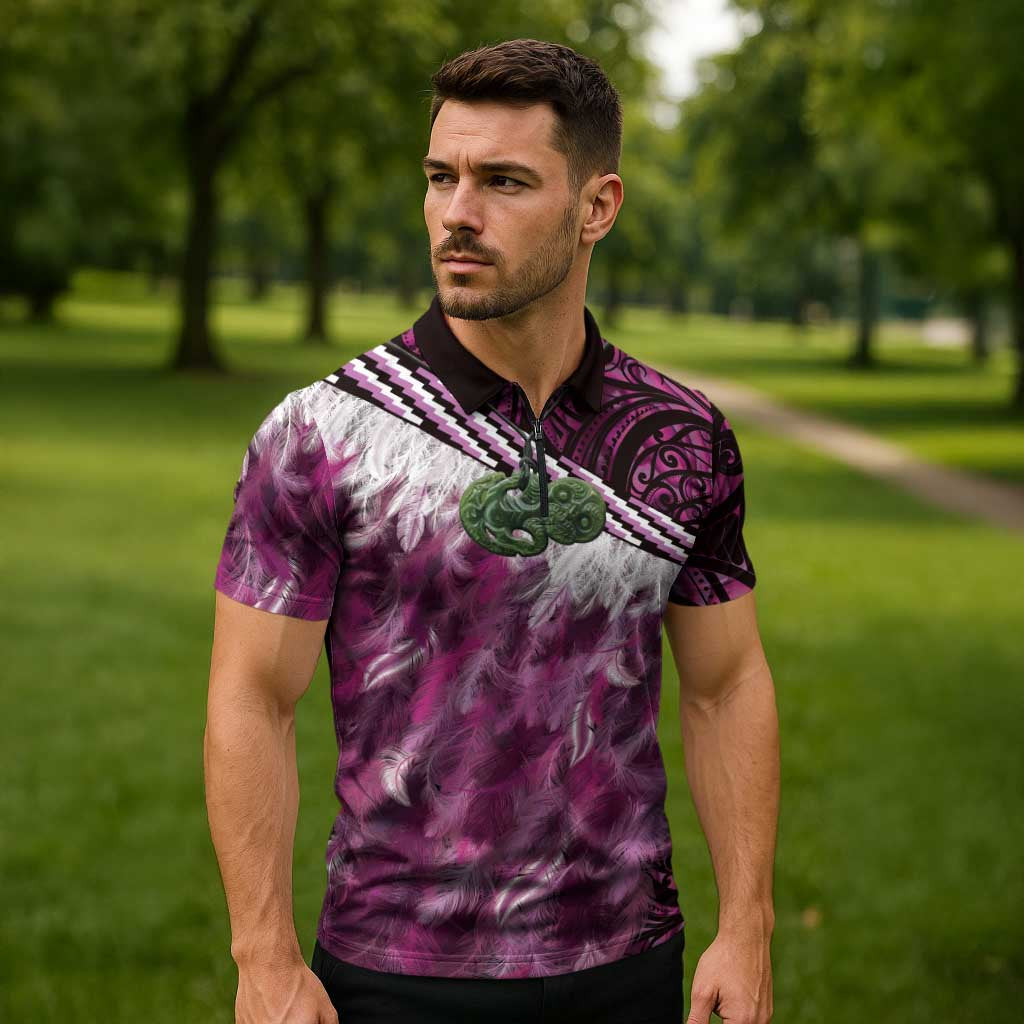 Pink Traditional Cloak Aotearoa Zipper Polo Shirt Maori Paua Shell Korowai Pattern - Aussie Hoodie