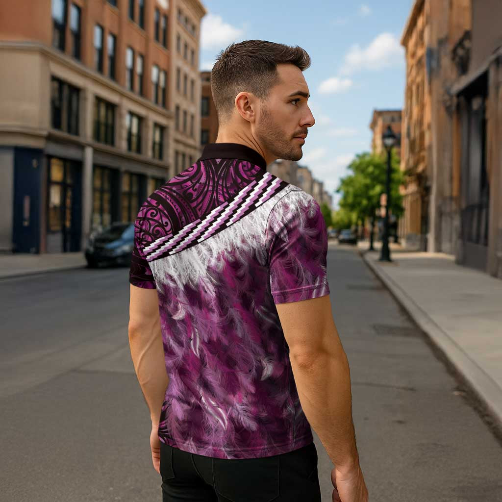 Pink Traditional Cloak Aotearoa Zipper Polo Shirt Maori Paua Shell Korowai Pattern - Aussie Hoodie