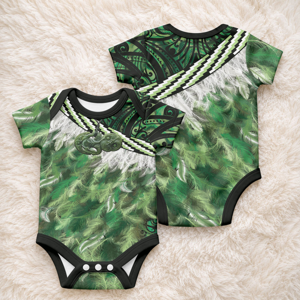 Green Traditional Cloak Aotearoa Baby Onesie Maori Paua Shell Korowai Pattern