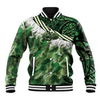 Green Traditional Cloak Aotearoa Baseball Jacket Maori Paua Shell Korowai Pattern