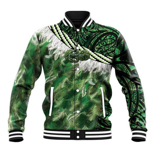 Green Traditional Cloak Aotearoa Baseball Jacket Maori Paua Shell Korowai Pattern
