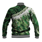 Green Traditional Cloak Aotearoa Baseball Jacket Maori Paua Shell Korowai Pattern