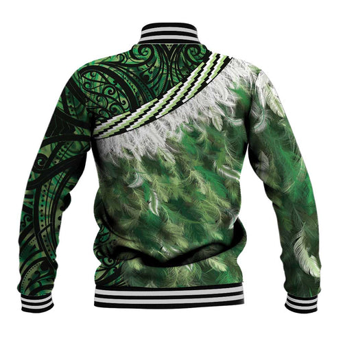 Green Traditional Cloak Aotearoa Baseball Jacket Maori Paua Shell Korowai Pattern