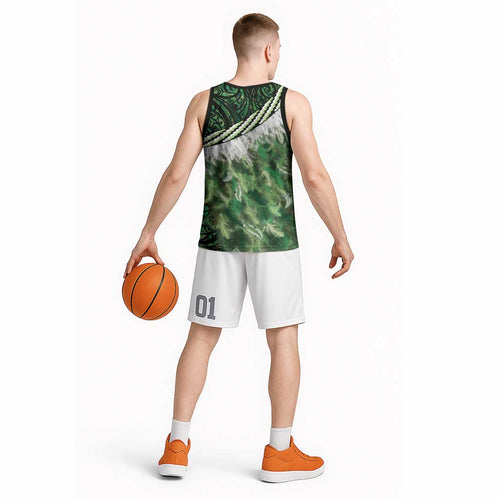 Green Traditional Cloak Aotearoa Basketball Jersey Maori Paua Shell Korowai Pattern - Aussie Hoodie