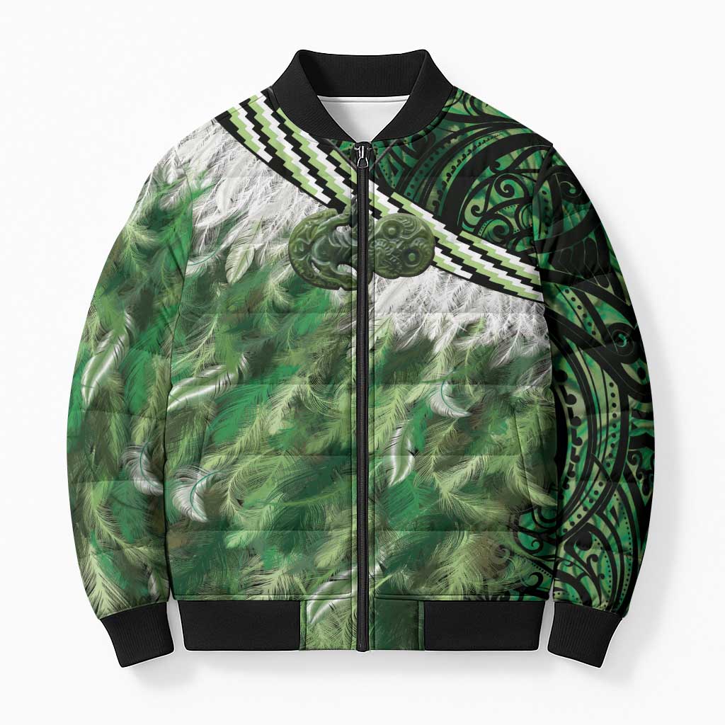 Green Traditional Cloak Aotearoa Bomber Puffer Jacket Maori Paua Shell Korowai Pattern - Aussie Hoodie