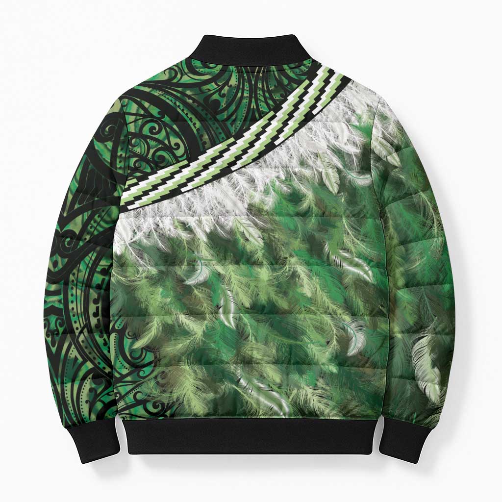 Green Traditional Cloak Aotearoa Bomber Puffer Jacket Maori Paua Shell Korowai Pattern - Aussie Hoodie