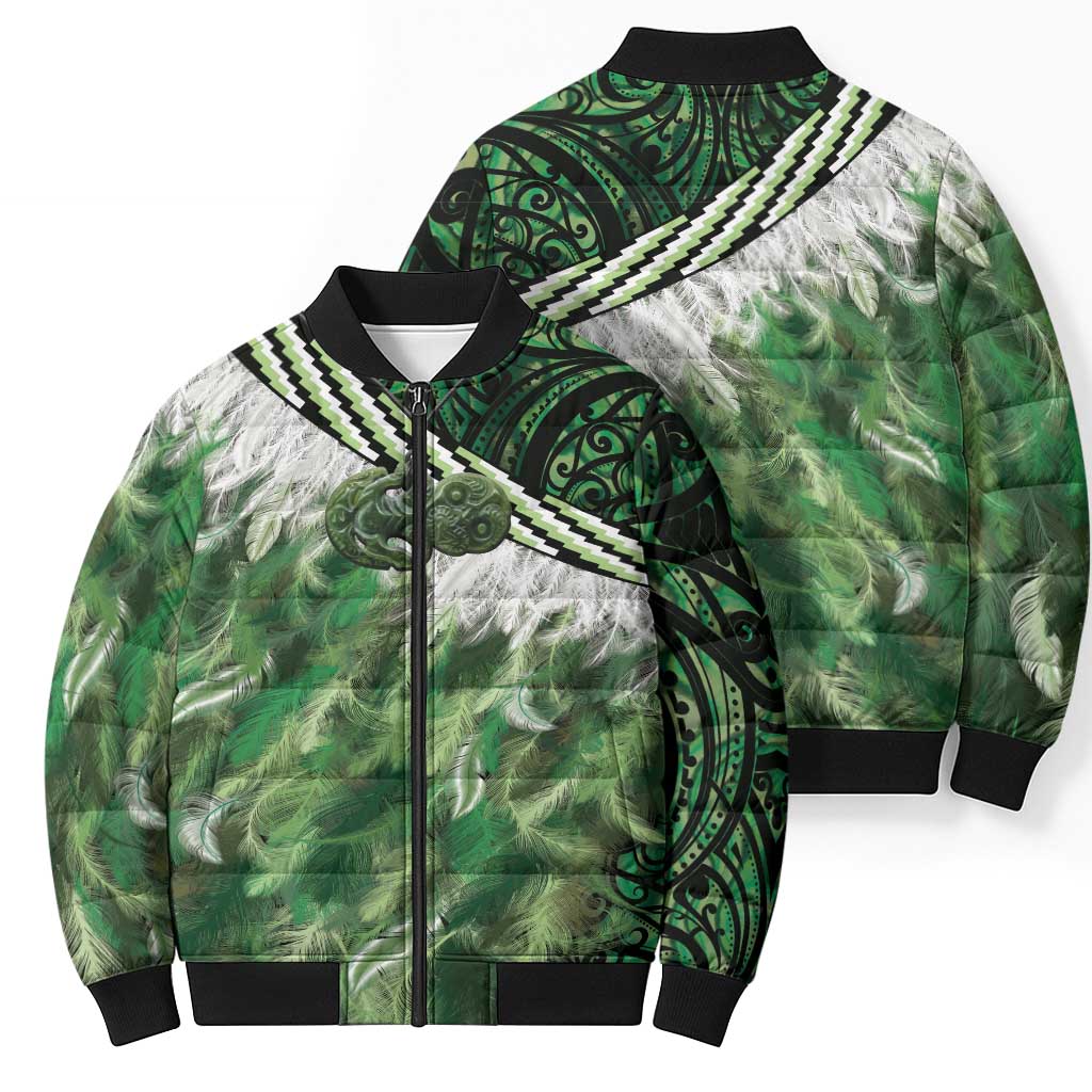 Green Traditional Cloak Aotearoa Bomber Puffer Jacket Maori Paua Shell Korowai Pattern - Aussie Hoodie