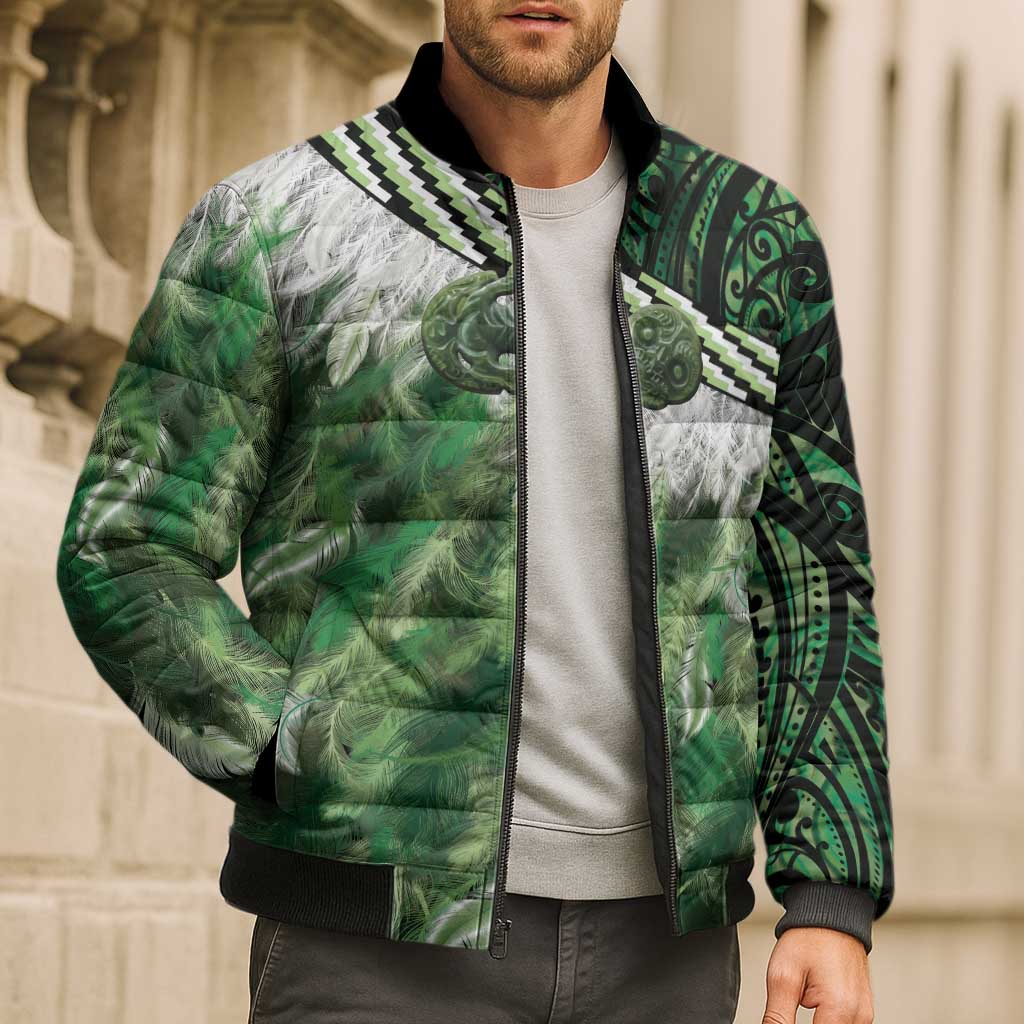 Green Traditional Cloak Aotearoa Bomber Puffer Jacket Maori Paua Shell Korowai Pattern - Aussie Hoodie