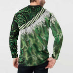 Green Traditional Cloak Aotearoa Button Sweatshirt Maori Paua Shell Korowai Pattern