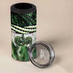 Green Traditional Cloak Aotearoa 4 in 1 Can Cooler Tumbler Maori Paua Shell Korowai Pattern