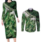 Green Traditional Cloak Aotearoa Couples Matching Long Sleeve Bodycon Dress and Long Sleeve Button Shirt Maori Paua Shell Korowai Pattern