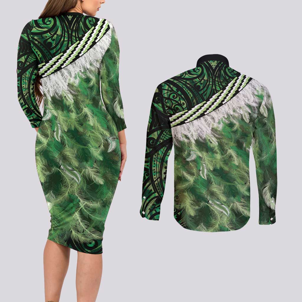 Green Traditional Cloak Aotearoa Couples Matching Long Sleeve Bodycon Dress and Long Sleeve Button Shirt Maori Paua Shell Korowai Pattern