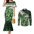 Green Traditional Cloak Aotearoa Couples Matching Mermaid Dress and Long Sleeve Button Shirt Maori Paua Shell Korowai Pattern