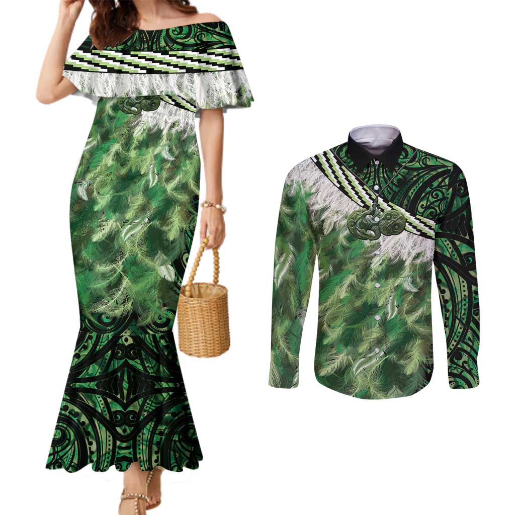 Green Traditional Cloak Aotearoa Couples Matching Mermaid Dress and Long Sleeve Button Shirt Maori Paua Shell Korowai Pattern