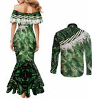 Green Traditional Cloak Aotearoa Couples Matching Mermaid Dress and Long Sleeve Button Shirt Maori Paua Shell Korowai Pattern