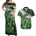 Green Traditional Cloak Aotearoa Couples Matching Off Shoulder Maxi Dress and Hawaiian Shirt Maori Paua Shell Korowai Pattern