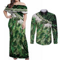 Green Traditional Cloak Aotearoa Couples Matching Off Shoulder Maxi Dress and Long Sleeve Button Shirt Maori Paua Shell Korowai Pattern