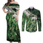 Green Traditional Cloak Aotearoa Couples Matching Off Shoulder Maxi Dress and Long Sleeve Button Shirt Maori Paua Shell Korowai Pattern