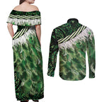 Green Traditional Cloak Aotearoa Couples Matching Off Shoulder Maxi Dress and Long Sleeve Button Shirt Maori Paua Shell Korowai Pattern