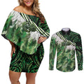 Green Traditional Cloak Aotearoa Couples Matching Off Shoulder Short Dress and Long Sleeve Button Shirt Maori Paua Shell Korowai Pattern