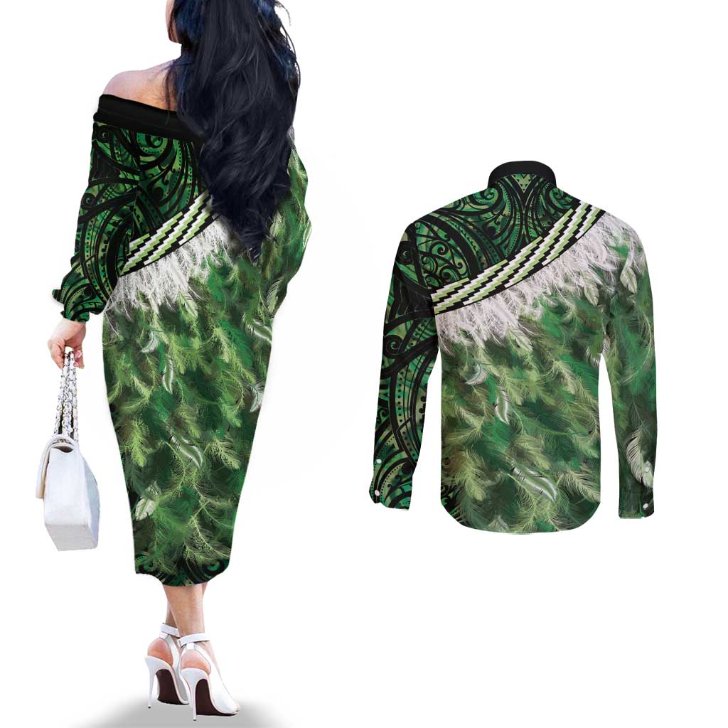 Green Traditional Cloak Aotearoa Couples Matching Off The Shoulder Long Sleeve Dress and Long Sleeve Button Shirt Maori Paua Shell Korowai Pattern