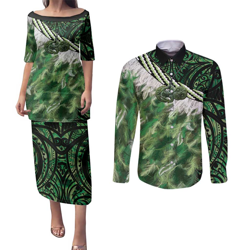 Green Traditional Cloak Aotearoa Couples Matching Puletasi and Long Sleeve Button Shirt Maori Paua Shell Korowai Pattern