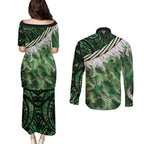 Green Traditional Cloak Aotearoa Couples Matching Puletasi and Long Sleeve Button Shirt Maori Paua Shell Korowai Pattern