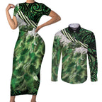 Green Traditional Cloak Aotearoa Couples Matching Short Sleeve Bodycon Dress and Long Sleeve Button Shirt Maori Paua Shell Korowai Pattern