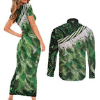 Green Traditional Cloak Aotearoa Couples Matching Short Sleeve Bodycon Dress and Long Sleeve Button Shirt Maori Paua Shell Korowai Pattern