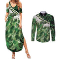 Green Traditional Cloak Aotearoa Couples Matching Summer Maxi Dress and Long Sleeve Button Shirt Maori Paua Shell Korowai Pattern
